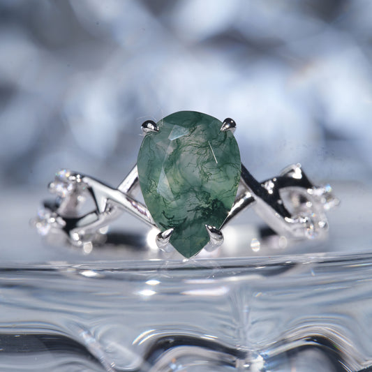 1.5CT Green moss Agate ring delicate fragile tear in 925 sterling silver lab grown gemstone[WG33-Comely]
