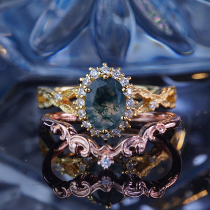 3CT Agate Ring Water Weed Enchanting Elegance Bridal Wedding Engagement Promise Proposing Ring in 925 sterling silver lab grown gemstone[ZH08-Comely]