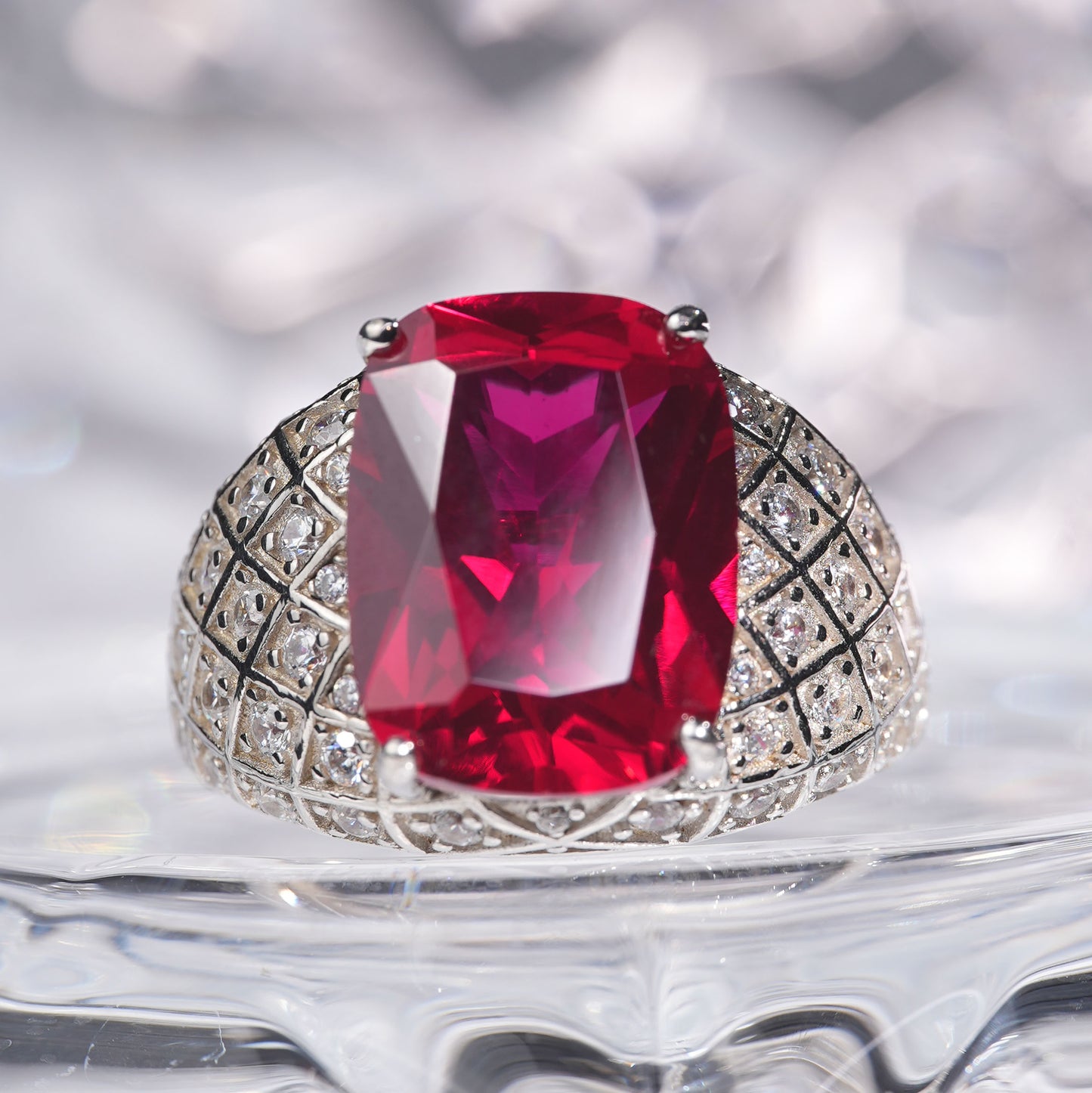 [A11R-Classic]14CT Ruby ring art deco precious mystery oriental in 925 sterling silver lab grown gemstone