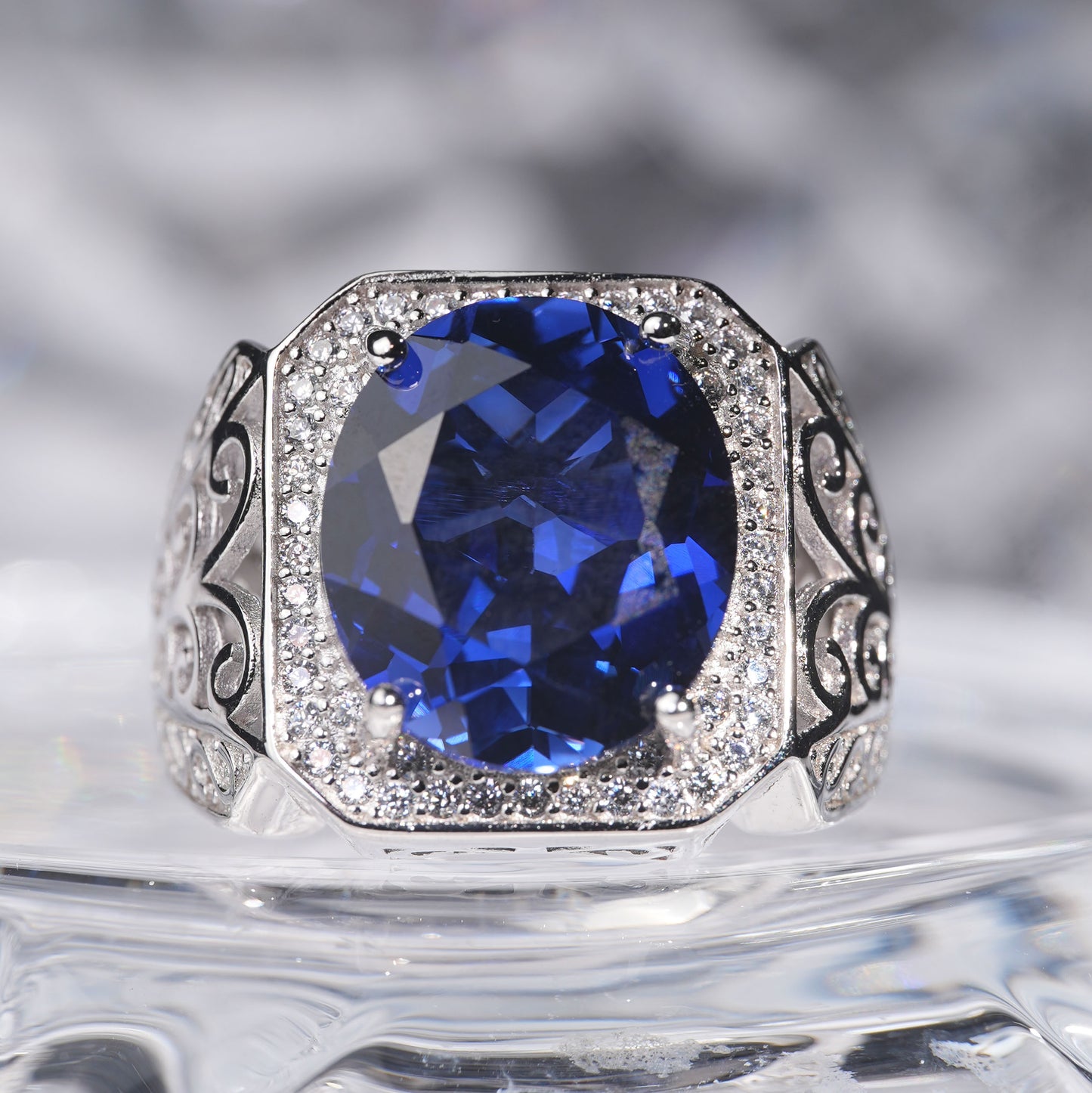 [C12B-Classic]10CT Sapphire ring stunning exquisite plant pattern in 925 sterling silver lab grown saphhire