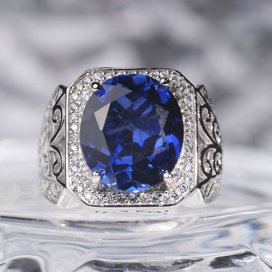 [C12B-Classic]10CT Sapphire ring stunning exquisite plant pattern in 925 sterling silver lab grown saphhire