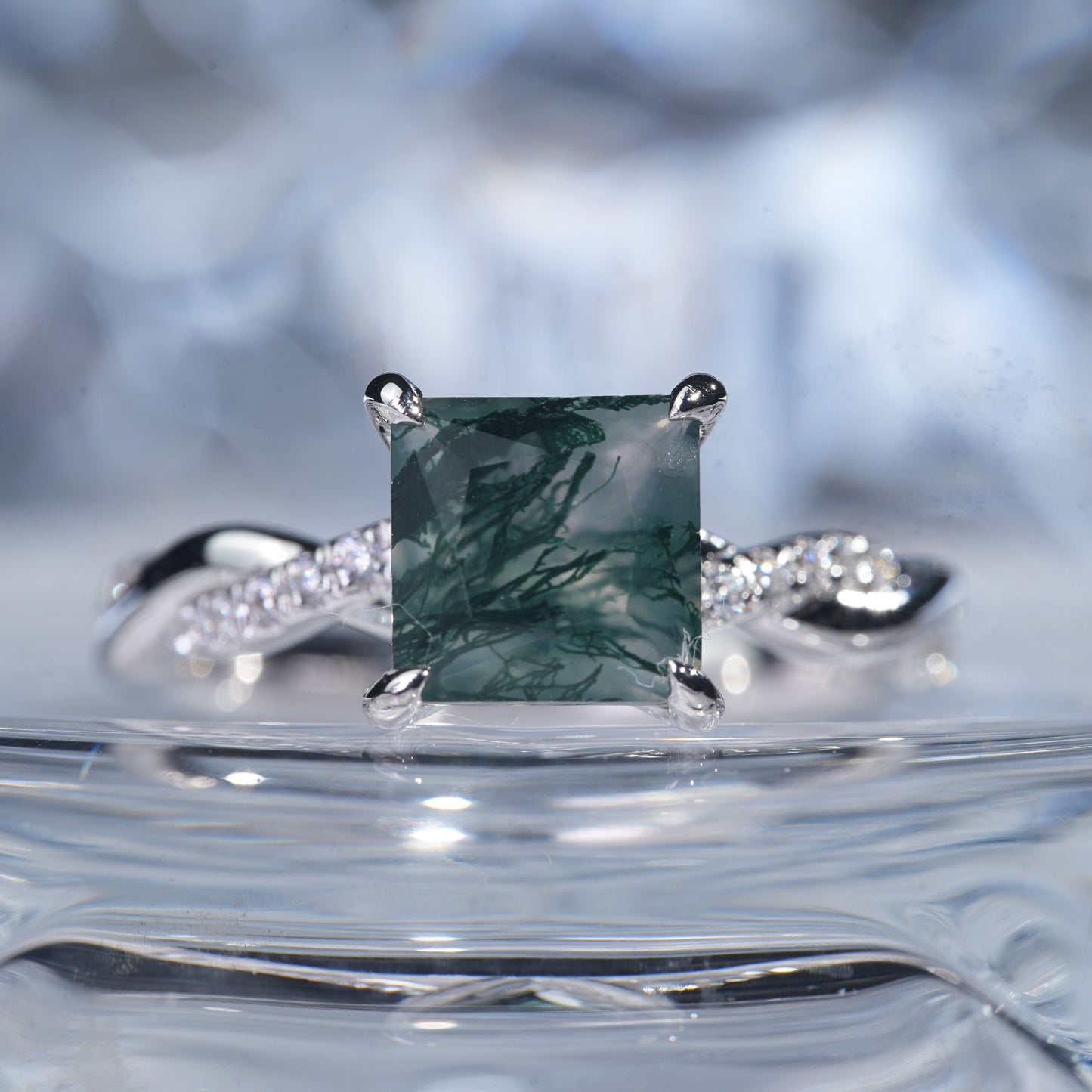 1.5CT Green moss Agate ring birth stone gift for her engagement in 925 sterling silver lab grown gemstone[WG29-Comely]