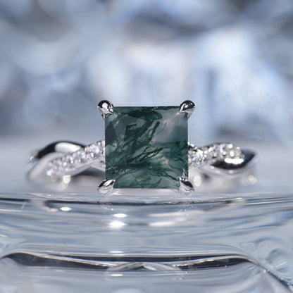 1.5CT Green moss Agate ring birth stone gift for her engagement in 925 sterling silver lab grown gemstone[WG29-Comely]