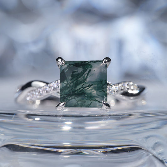 1.5CT Green moss Agate ring birth stone gift for her engagement in 925 sterling silver lab grown gemstone[WG29-Comely]