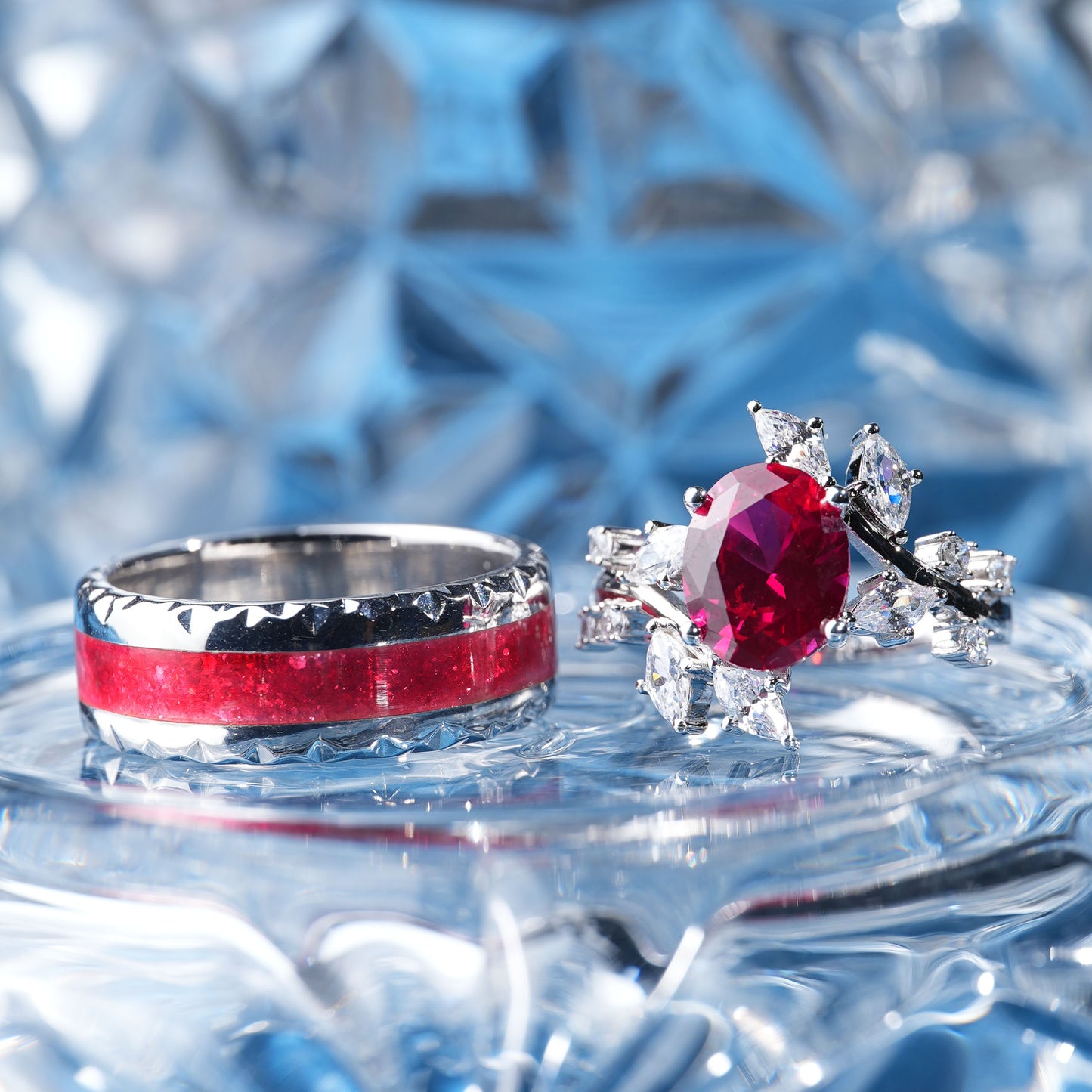 [TJR01-couple ring set]3.5CT Ruby ring eternal love sparkling couple ring set in 925 sterling silver lab grown gemstone