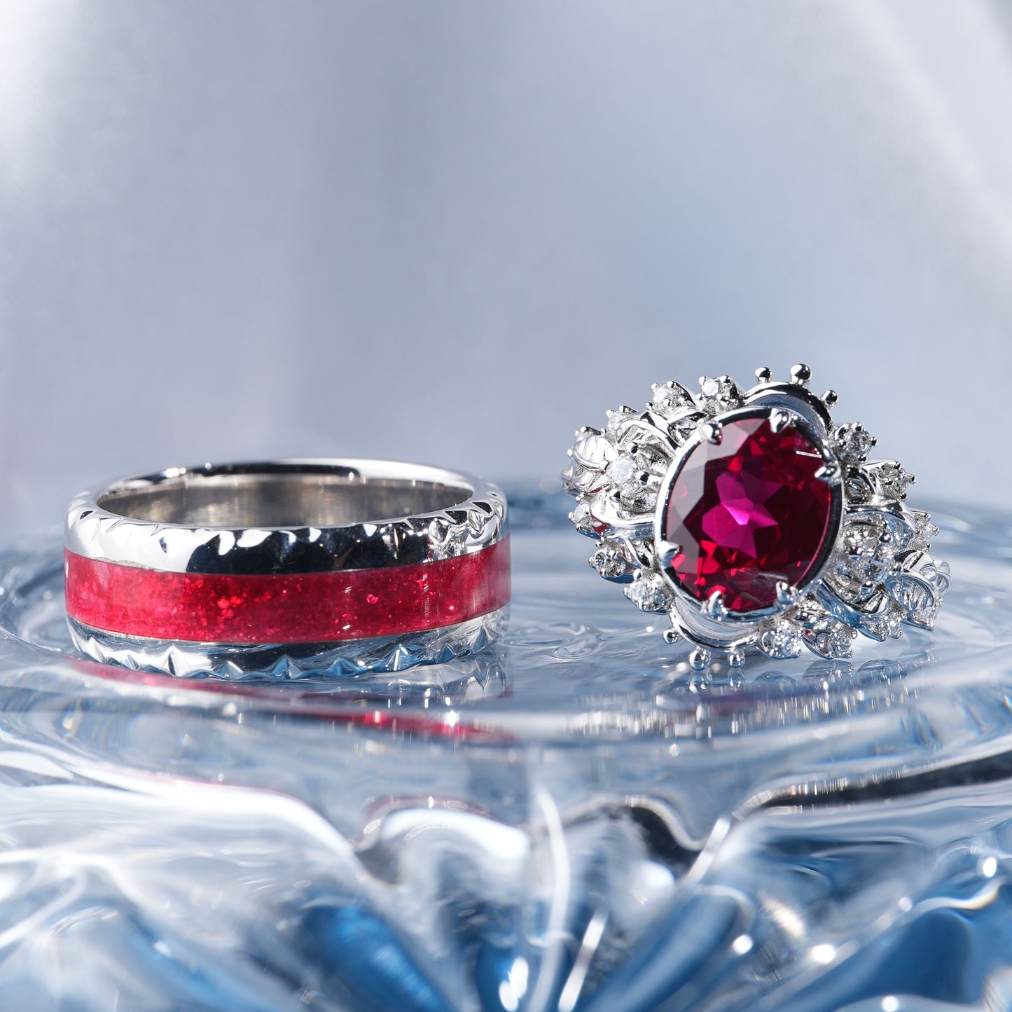 [TJR04-couple ring set]5CT Ruby ring harmony infinite bond dazzling couple ring set in 925 sterling silver lab grown gemstone