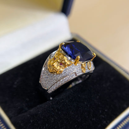 [C23B-Classic]8CT Sapphire ring tiger man suit business casual unique in 925 sterling silver lab grown gemstone