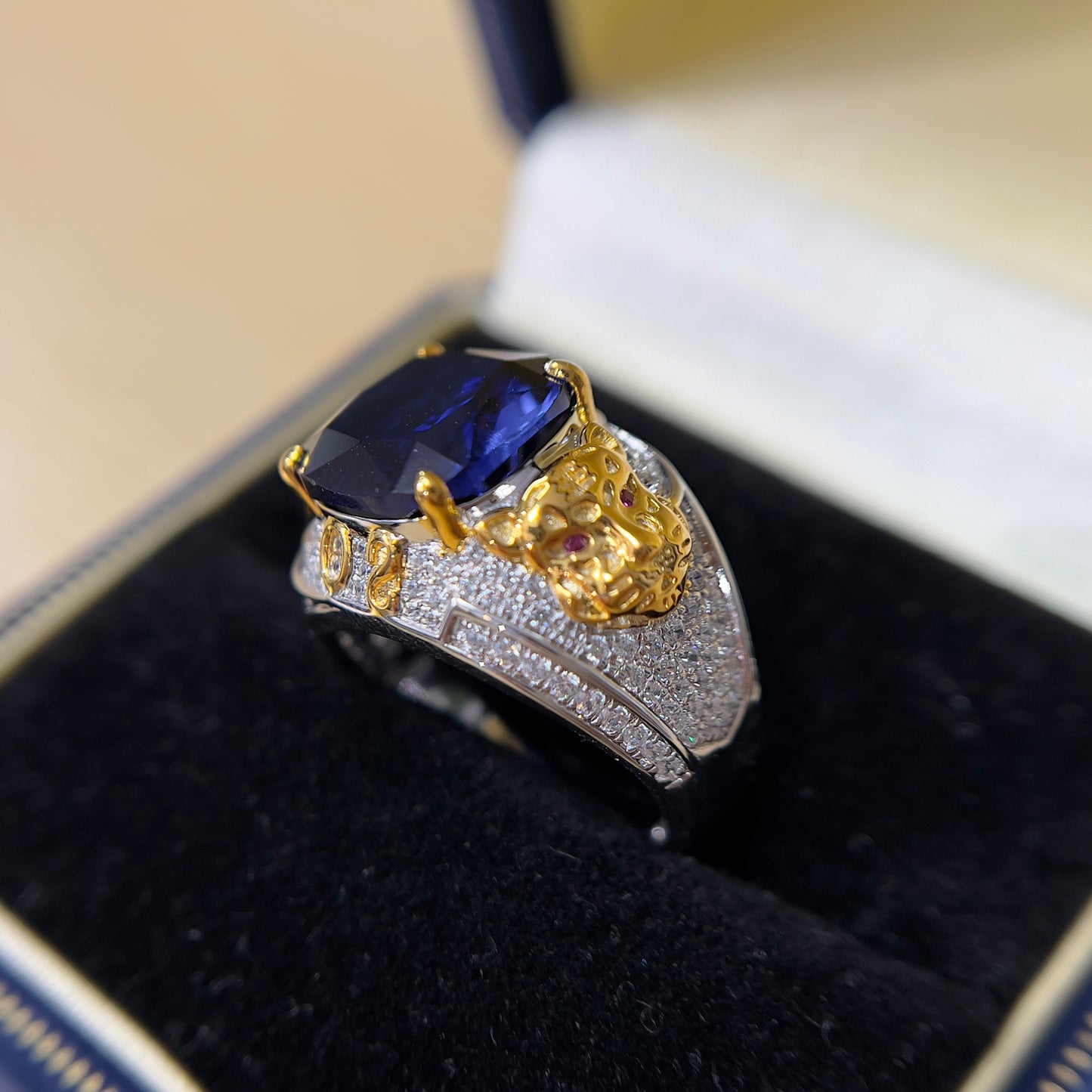 [C23B-Classic]8CT Sapphire ring tiger man suit business casual unique in 925 sterling silver lab grown gemstone