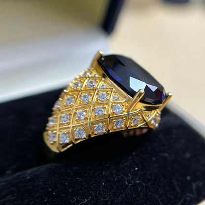 [A11KB-Classic]14CT Saphhire ring golden precious oriental in 925 sterling silver lab grown gemstone