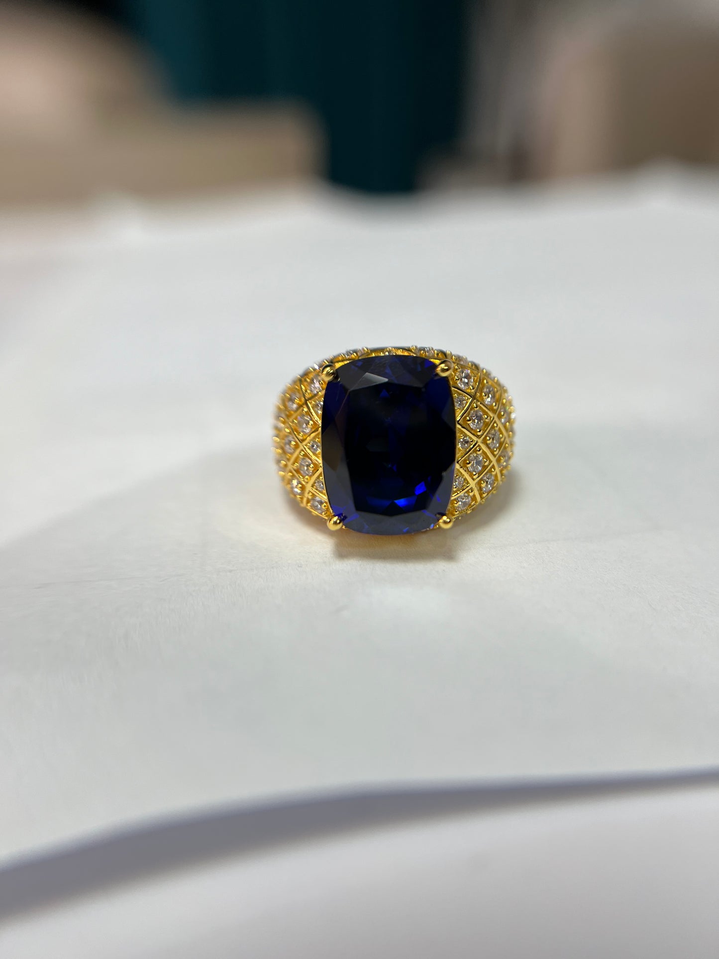 [A11KB-Classic]14CT Saphhire ring golden precious oriental in 925 sterling silver lab grown gemstone