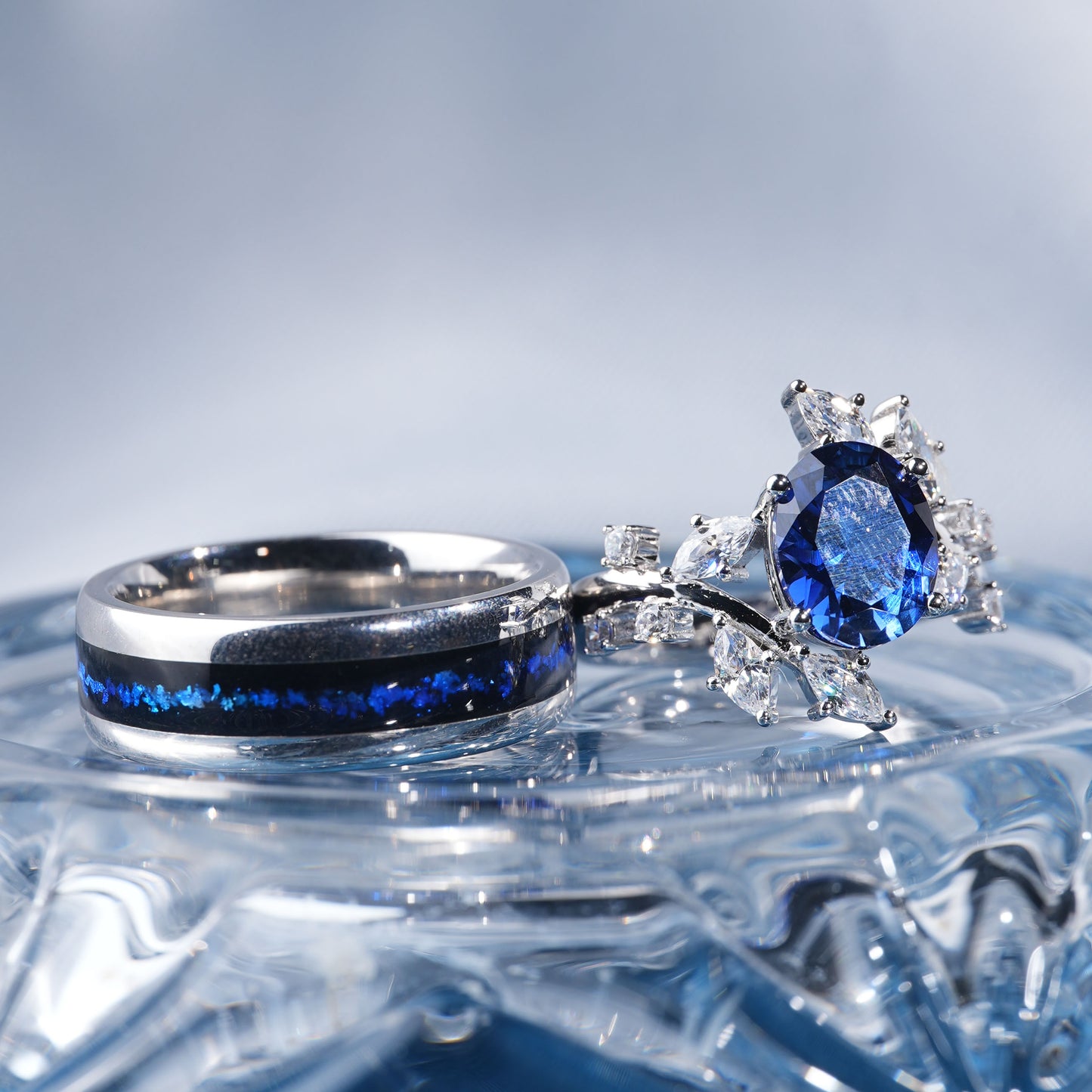 [TJB02-couple ring set]3.5CT Sapphire ring infinite bond together forever duo in 925 sterling silver lab grown gemstone
