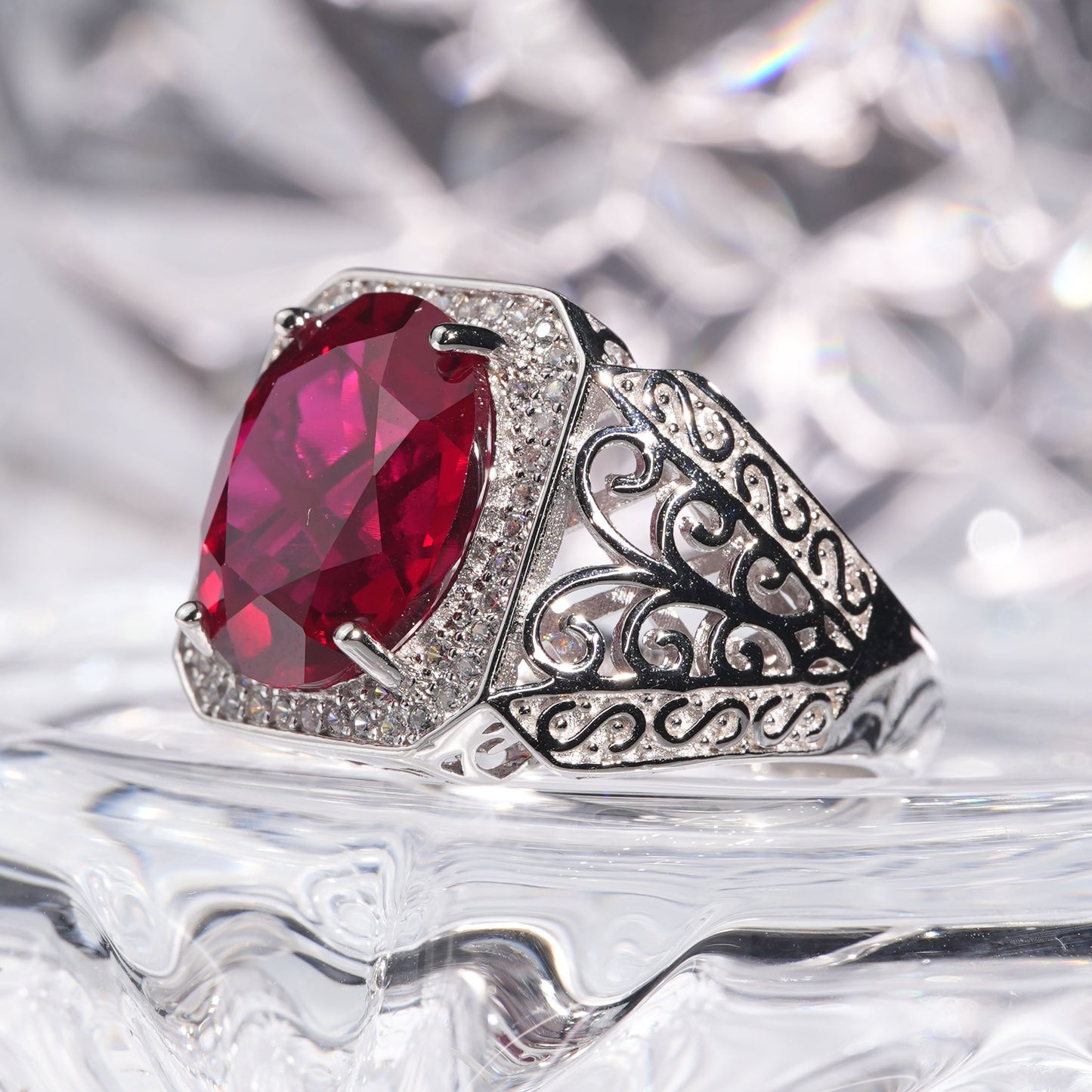 [C12R-Classic]10CT Ruby ring precious delicate plant pattern in 925 sterling silver lab grown ruby