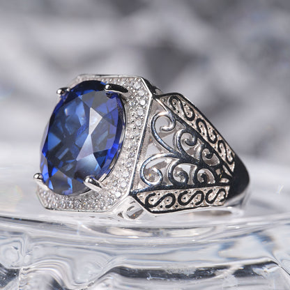 [C12B-Classic]10CT Sapphire ring stunning exquisite plant pattern in 925 sterling silver lab grown saphhire