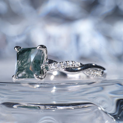 1.5CT Green moss Agate ring birth stone gift for her engagement in 925 sterling silver lab grown gemstone[WG29-Comely]