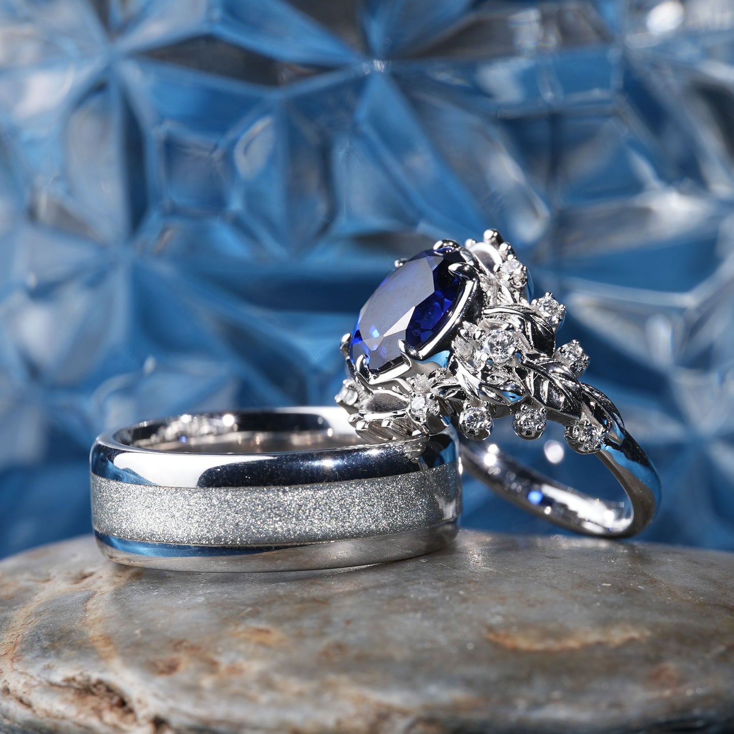 [TJB01-couple ring set]5CT Sapphire ring infinite bond precious dazzling couple ring set in 925 sterling silver lab grown gemstone