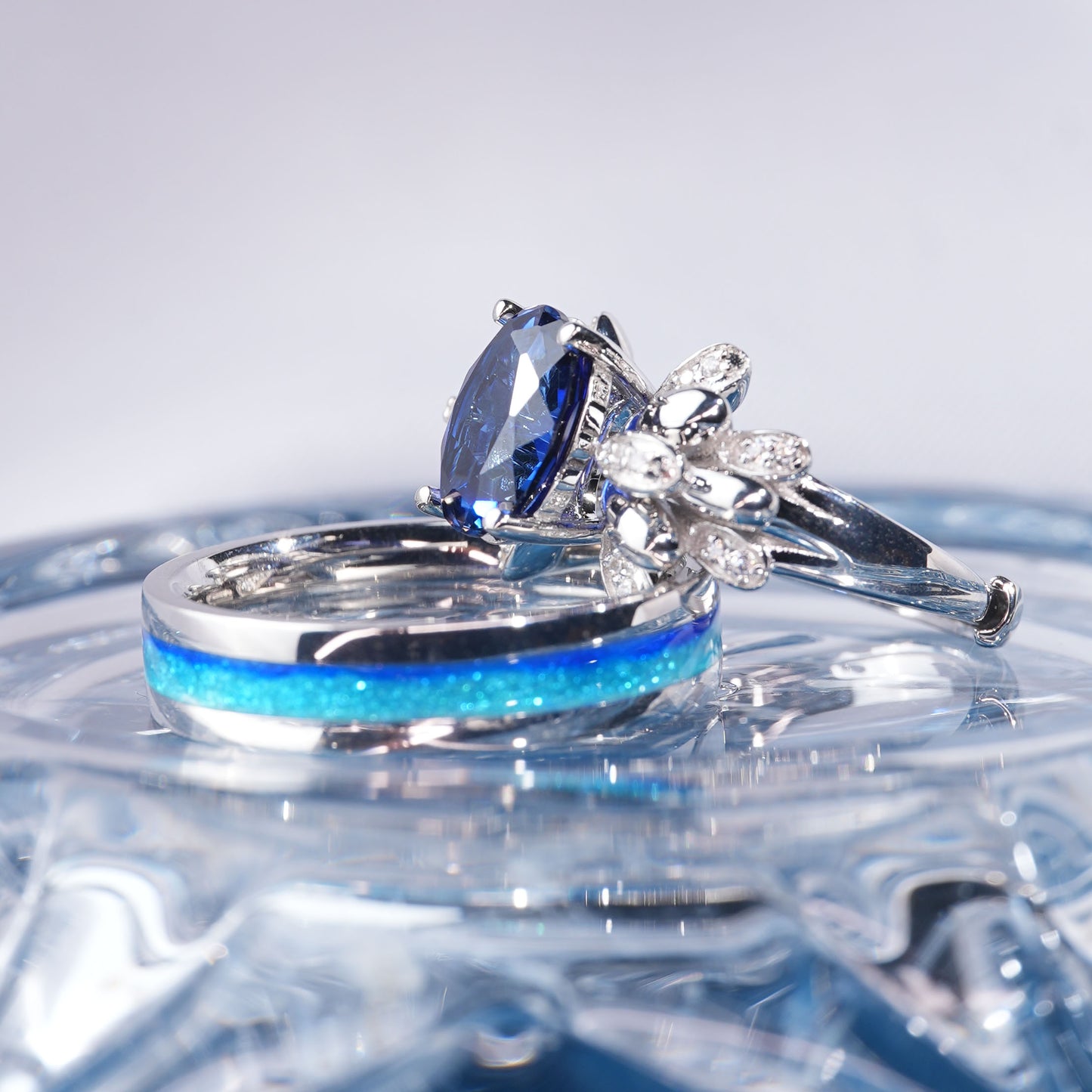 [TJB03-couple ring set]3CT Sapphire ring eternal love sparkling together forever duo in 925 sterling silver lab grown gemstone