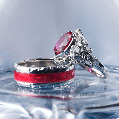 [TJR04-couple ring set]5CT Ruby ring harmony infinite bond dazzling couple ring set in 925 sterling silver lab grown gemstone