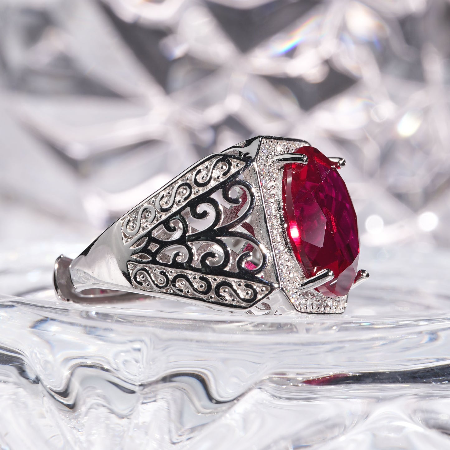 [C12R-Classic]10CT Ruby ring precious delicate plant pattern in 925 sterling silver lab grown ruby