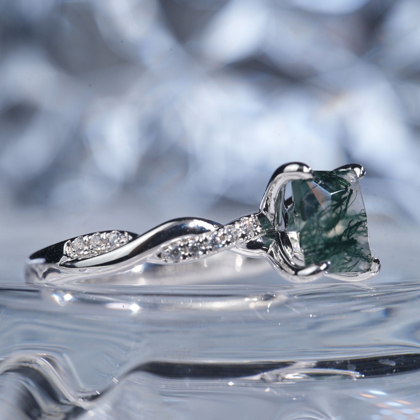 1.5CT Green moss Agate ring birth stone gift for her engagement in 925 sterling silver lab grown gemstone[WG29-Comely]