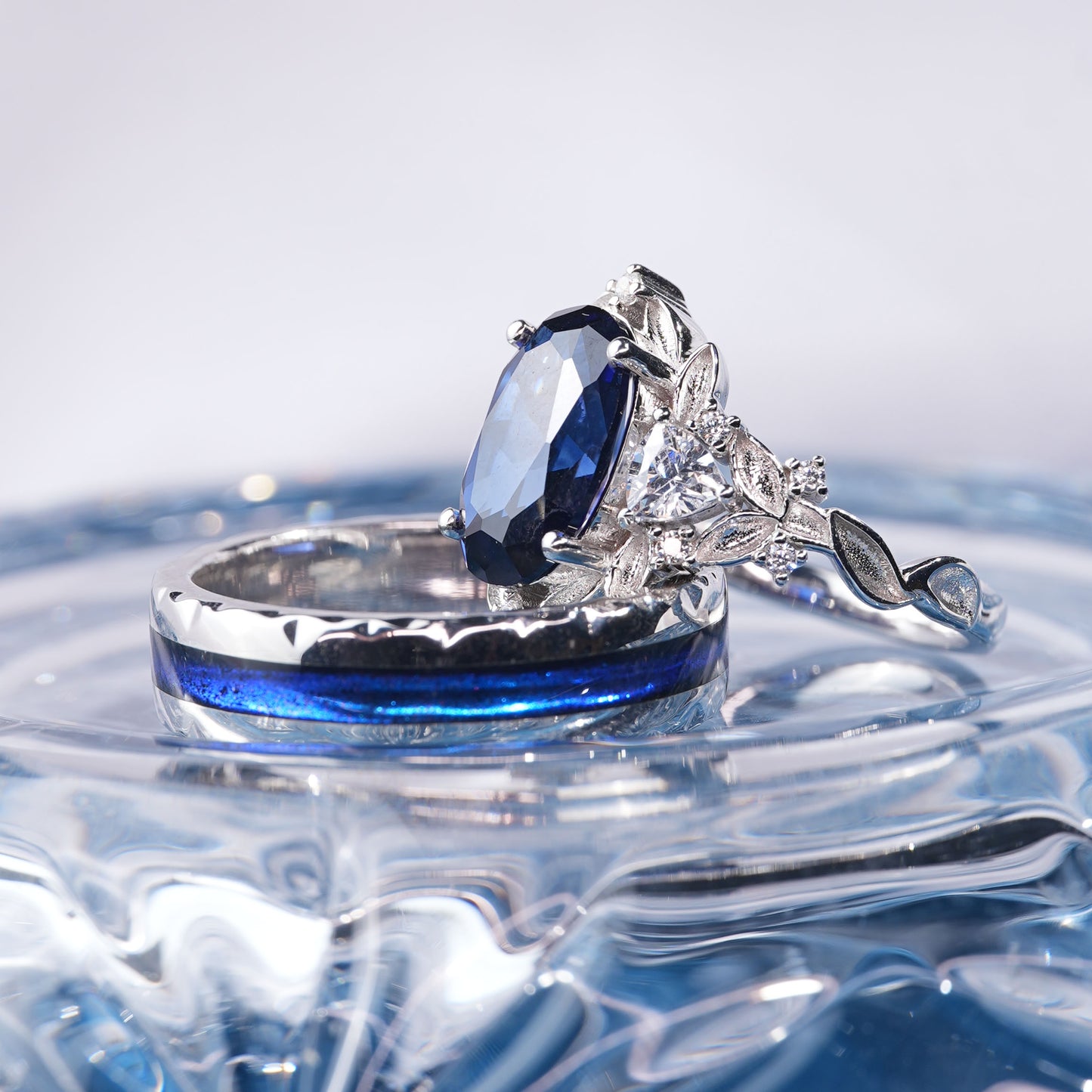 [TJB04-couple ring set]5CT Sapphire ring endless devotion sophisticated couple rings in 925 sterling silver lab grown gemstone