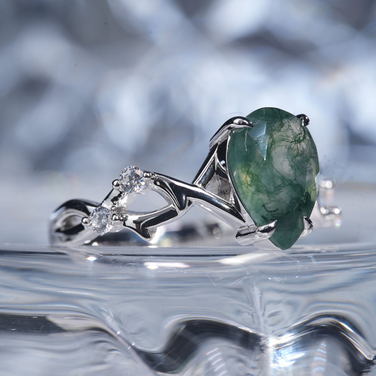 1.5CT Green moss Agate ring delicate fragile tear in 925 sterling silver lab grown gemstone[WG33-Comely]
