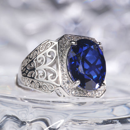 [C12B-Classic]10CT Sapphire ring stunning exquisite plant pattern in 925 sterling silver lab grown saphhire