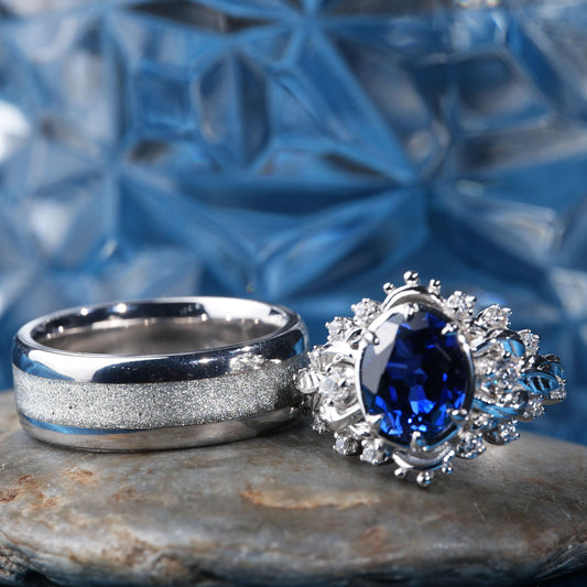 [TJB01-couple ring set]5CT Sapphire ring infinite bond precious dazzling couple ring set in 925 sterling silver lab grown gemstone