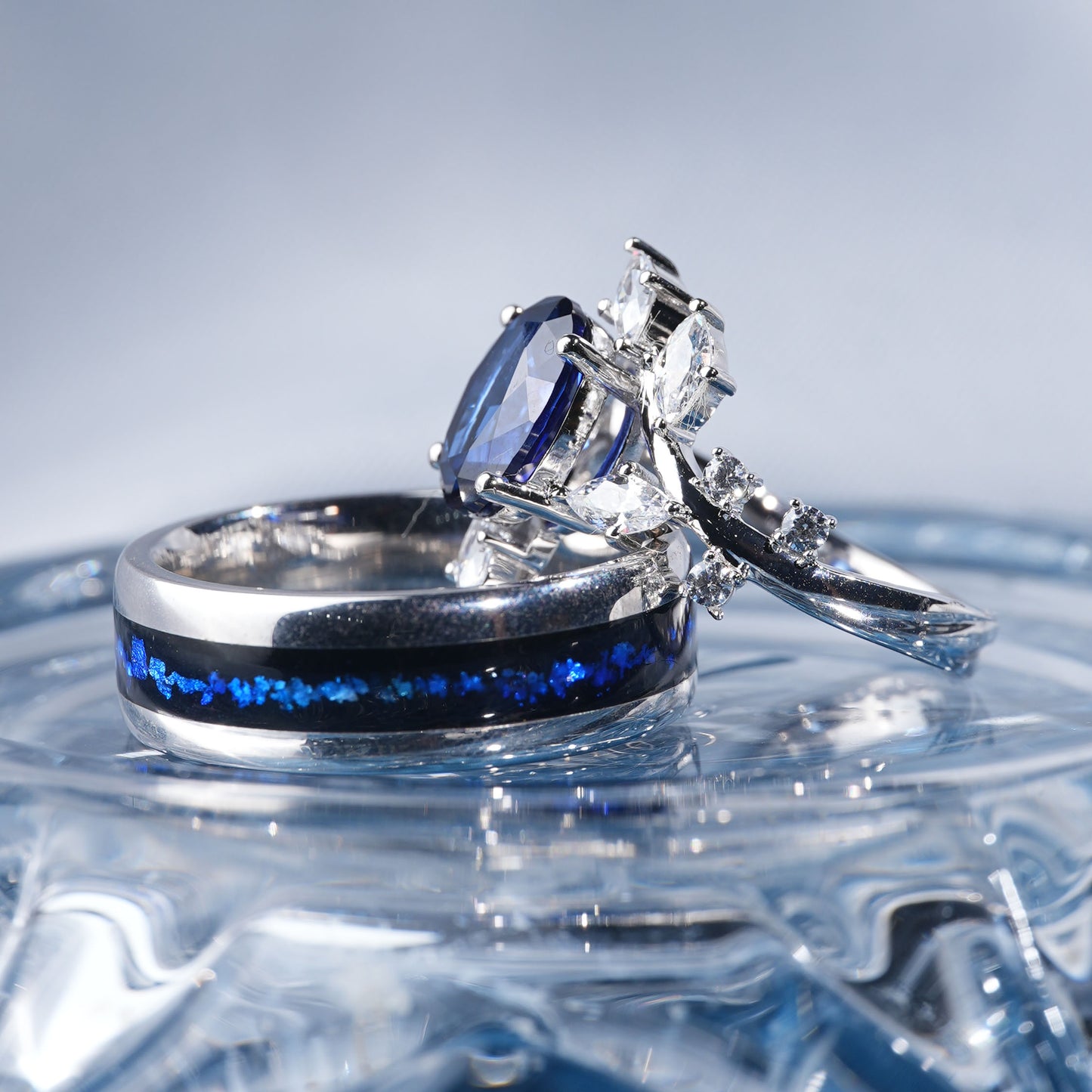 [TJB02-couple ring set]3.5CT Sapphire ring infinite bond together forever duo in 925 sterling silver lab grown gemstone