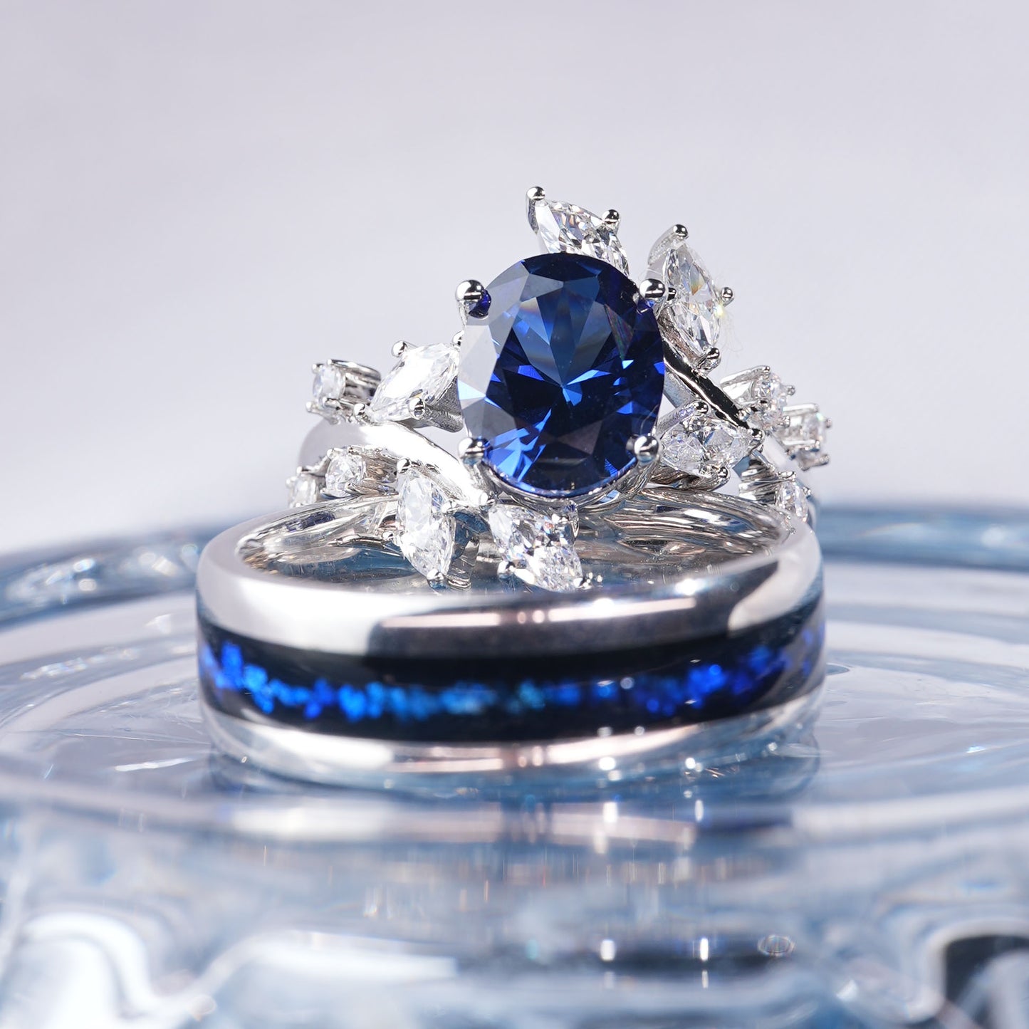 [TJB02-couple ring set]3.5CT Sapphire ring infinite bond together forever duo in 925 sterling silver lab grown gemstone