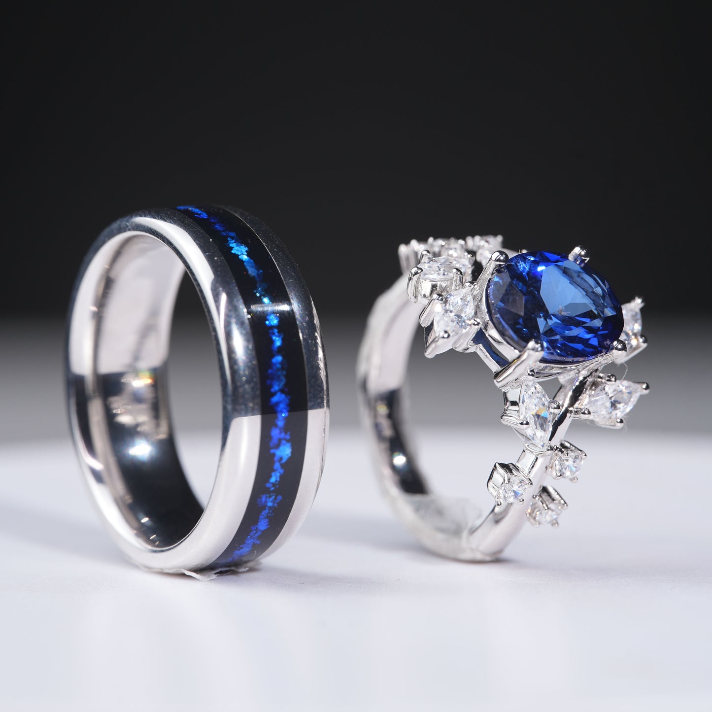 [TJB02-couple ring set]3.5CT Sapphire ring infinite bond together forever duo in 925 sterling silver lab grown gemstone